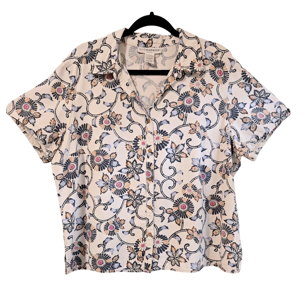 Sag Harbor Woman's‎ Linen Blend Cropped Floral Button Up Shirt Cream Blue Pink